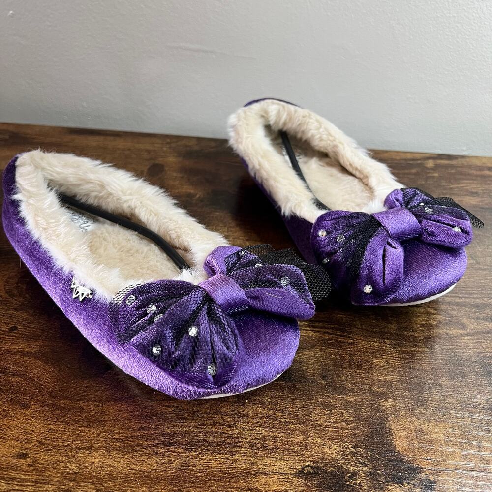 Pretty You London Slippers 5/6 Purple Velour Velvet Faux Fur Lined  Mesh Bow New